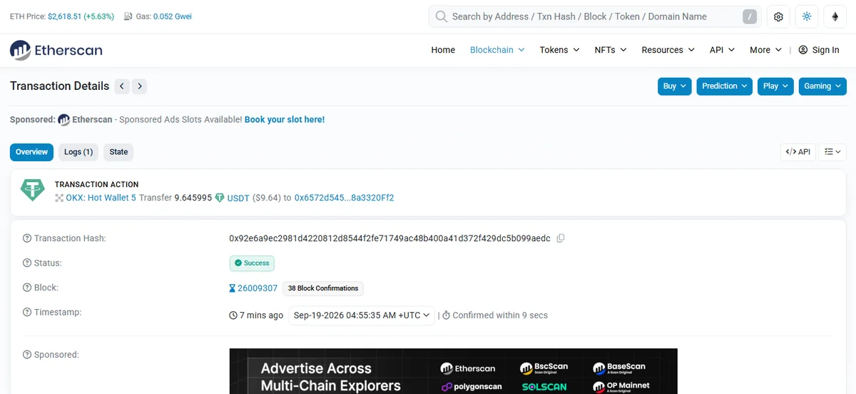 Etherscan 的 Transaction Details 页面,显示一笔 USDT 转账的详情,Status 为 Success,Block 一行标注该区块已有 36 Block Confirmations,下方还有 Timestamp、ERC-20 Tokens Transferred 与 Transaction Fee 等字段