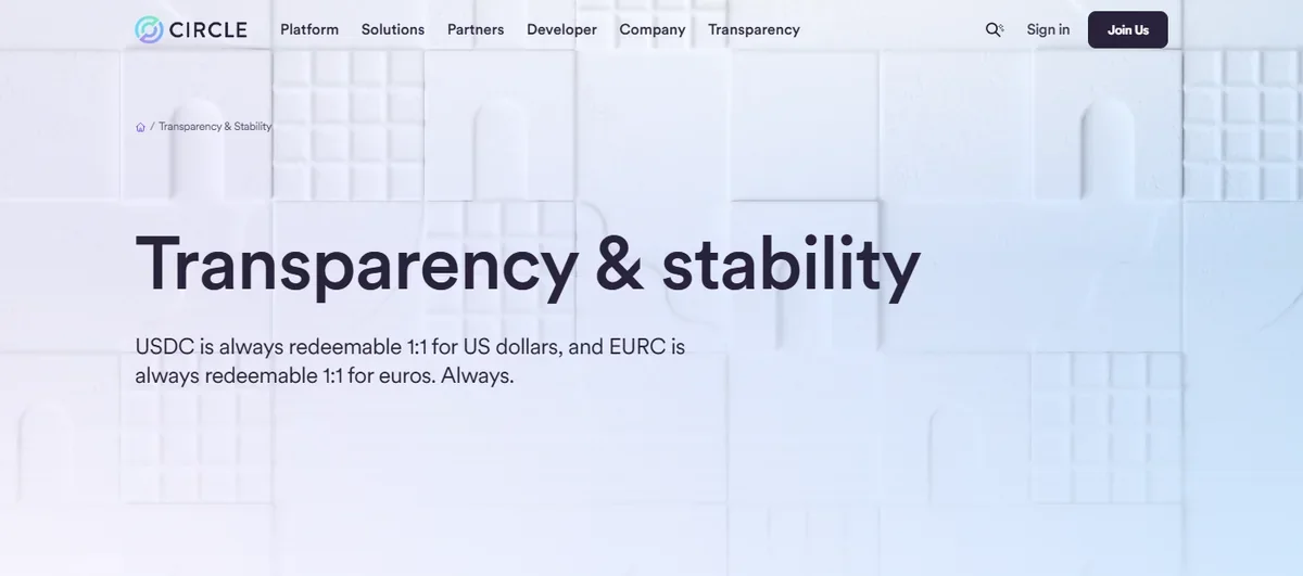 Circle 官网的 Transparency & stability 页面,大标题下方说明 USDC 始终可按 1:1 赎回美元、EURC 可按 1:1 赎回欧元,页面下半部分是 Reserves composition 储备构成区块并标注了数据截止日期