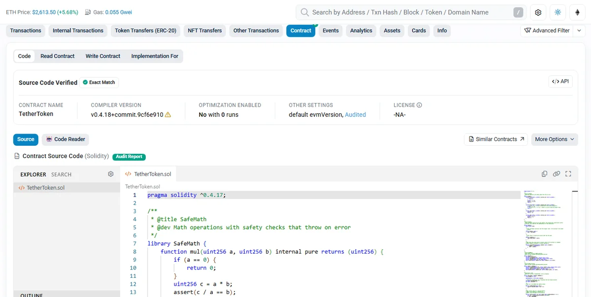 Etherscan 上 USDT 合约的 Contract Source Code 页面,左侧是合约文件树,右侧显示 Solidity 源码,顶部标注 Contract Source Code Verified 以及编译器版本与优化设置